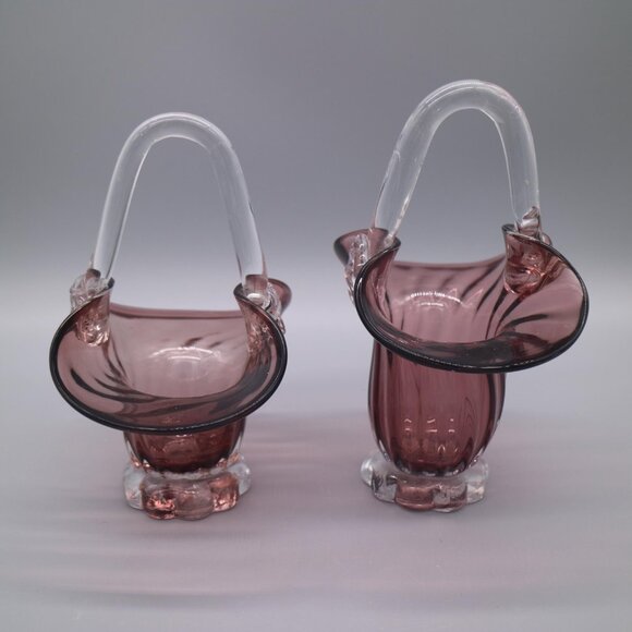 Pair of (2) Amethyst Purple Glass Baskets | Art Glass | Mid Century Decor MCM - Picture 6 of 9